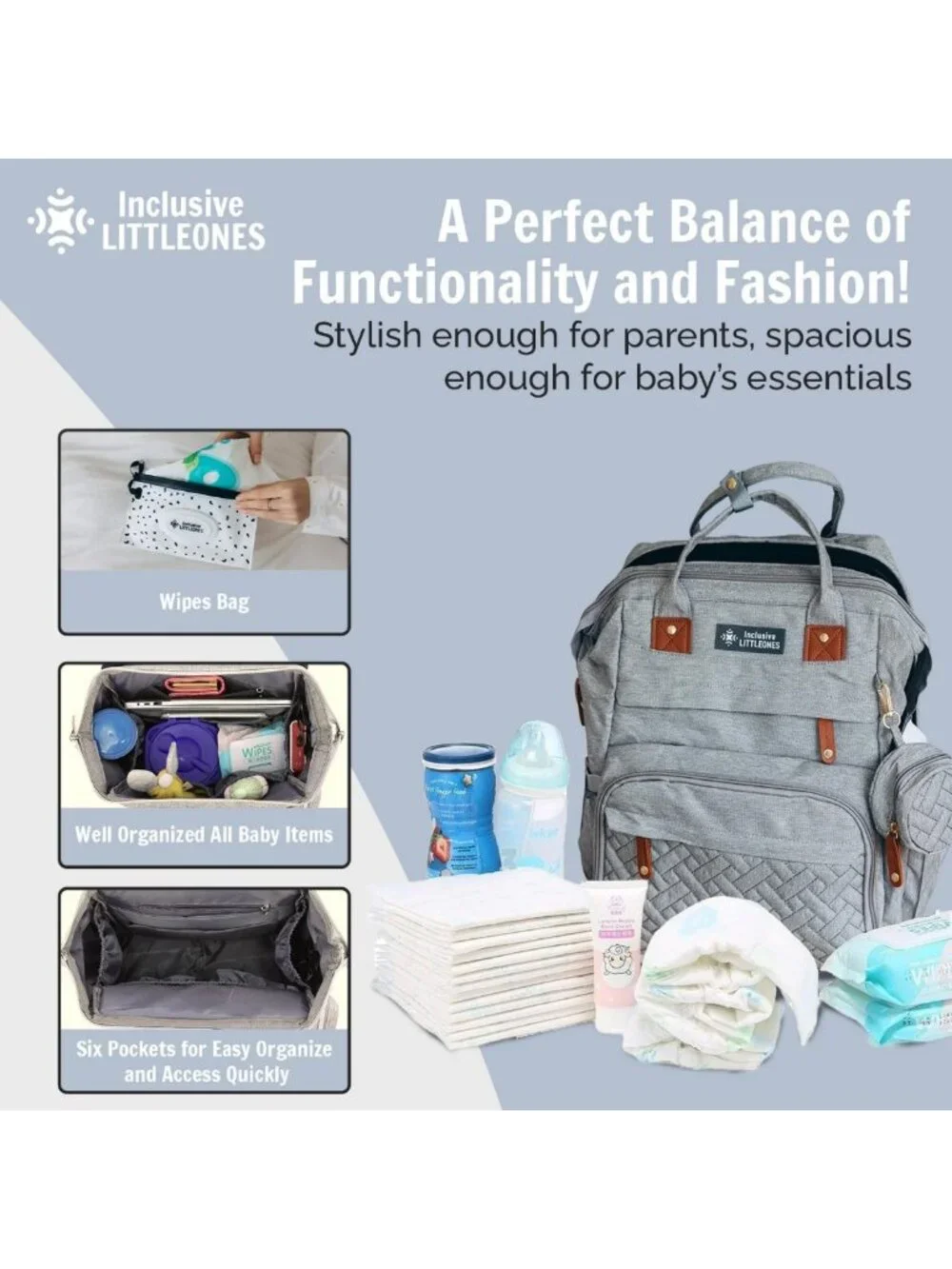 Multifunctional Diaper Bag with Changing Station, Stroller Straps & Pacifier